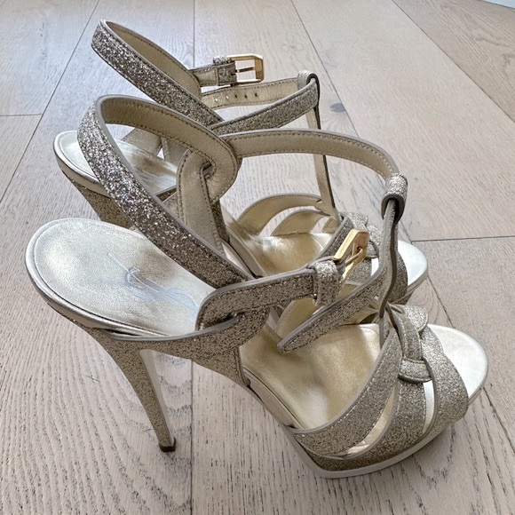 Saint Laurent Tribute Platform Stiletto Sandals: Metallic Gold Glitter Leather - Picture 4 of 16